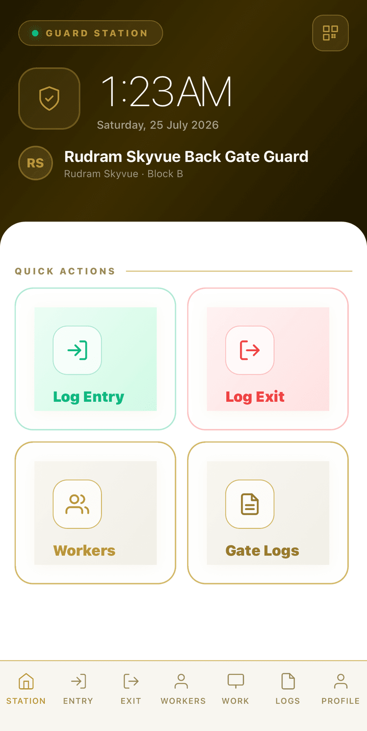 REOSLABS guard station app with entry and exit logging, workers, and gate logs